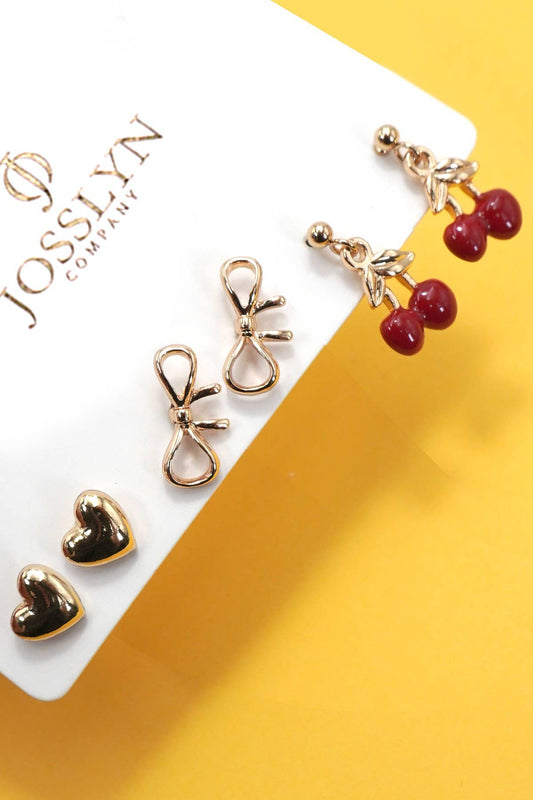 Cherry, Bow, & Heart Stud Earrings Trio Set