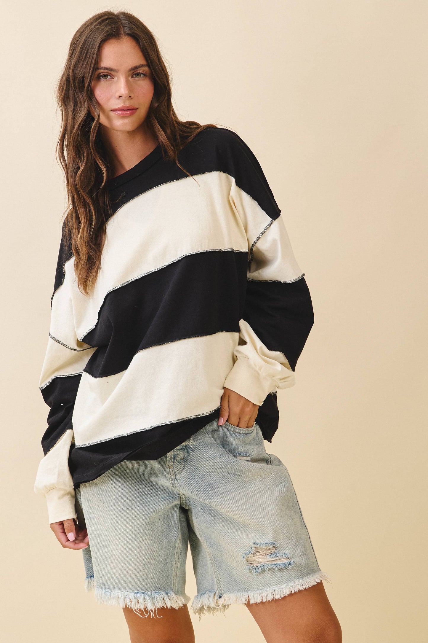 Oversized Color Block Long Sleeve Pullover