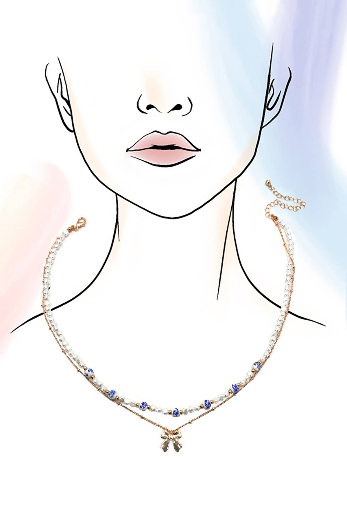 Blue Ceramic Porcelain Pearl Mix with Layered Bow Charm Chain Necklace