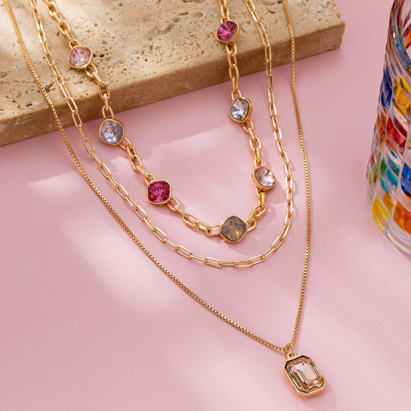 Oval Stone Beaded Ball Multi Layer Chain Necklace