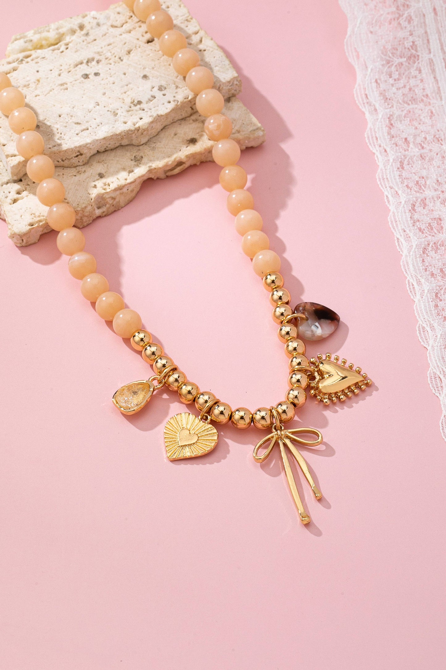 Beige Beaded Bow Heart Rhinestone Charm Necklace