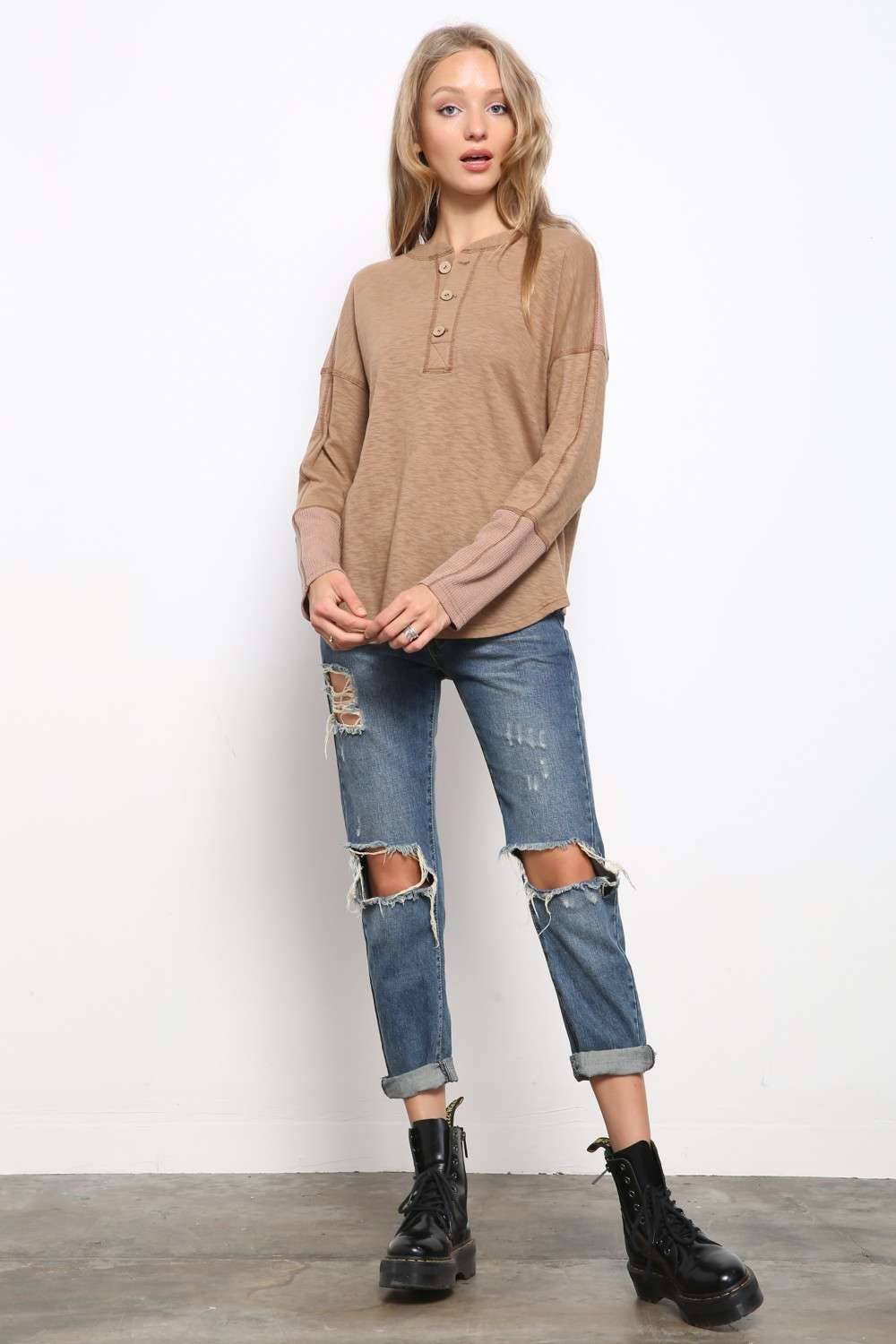 Color Block Button Down Long Sleeve Top