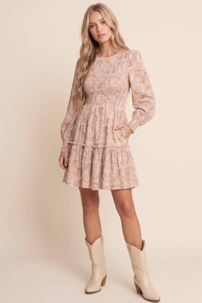 Floral Print Long Sleeve Mini Dress