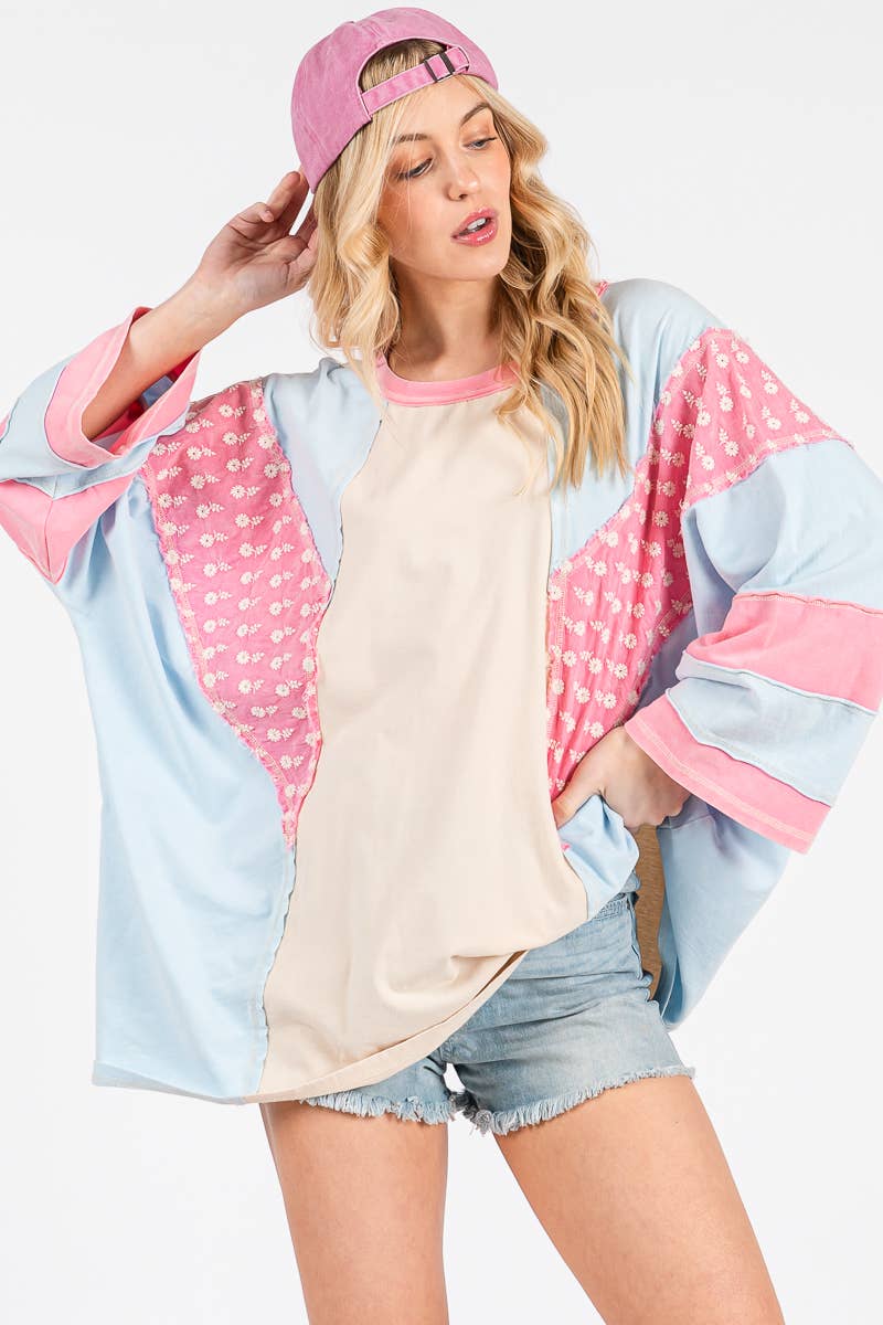 Mineral Washed Floral Patch Oversized Top