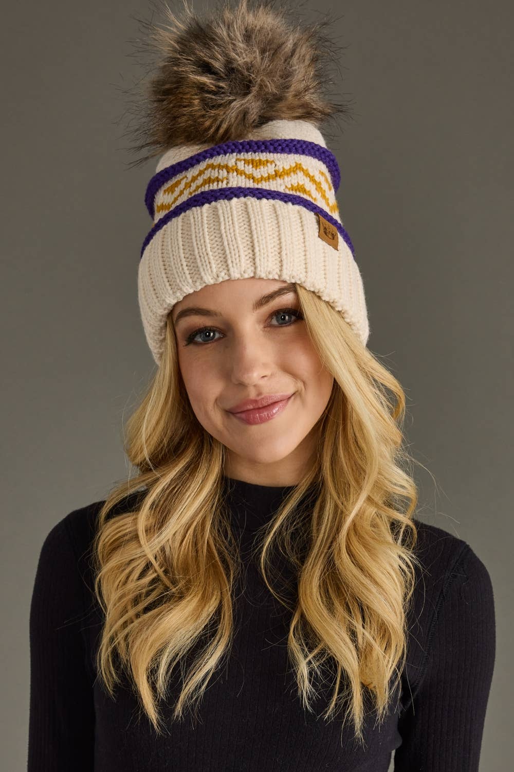 Cream, Purple & Gold Patterned Pom Hat