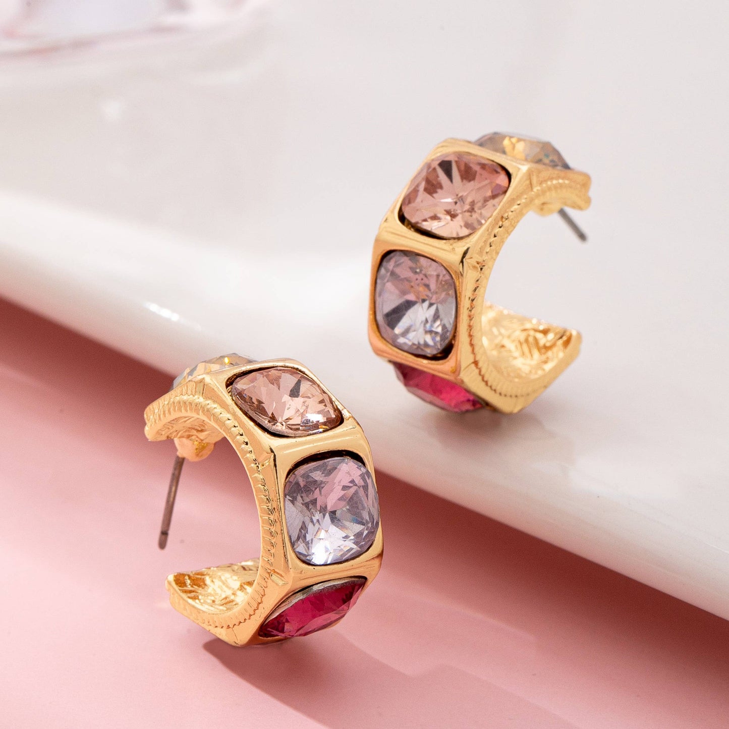 Gold-Tone Multi Color Gem Crystal Hoop Earrings