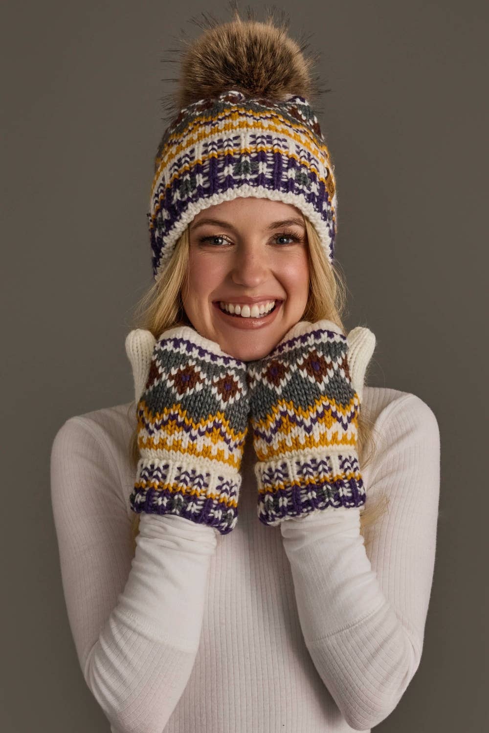 Ivory, Purple & Gold Patterned Pom Hat