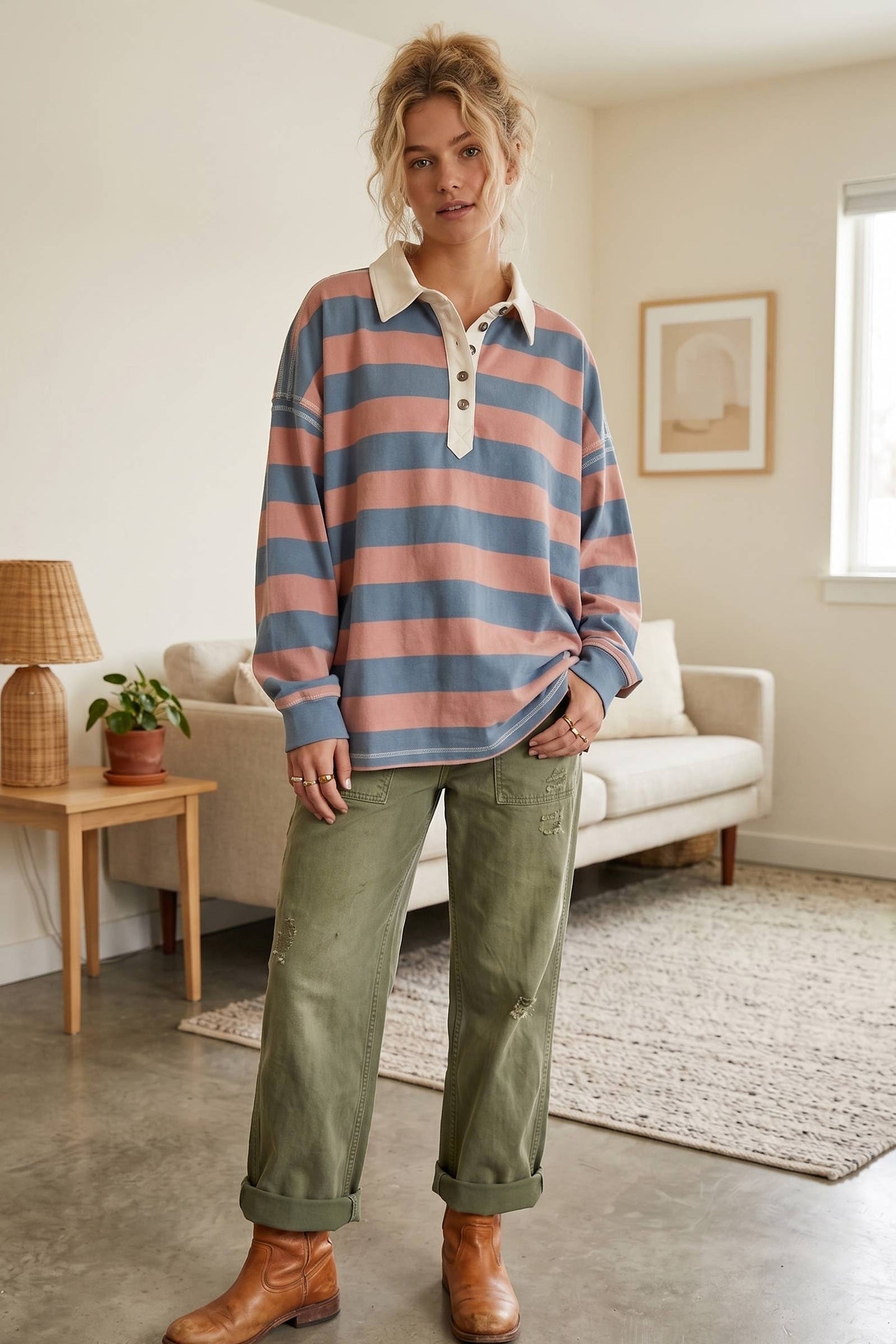 Oversized Striped Rugby Polo Top