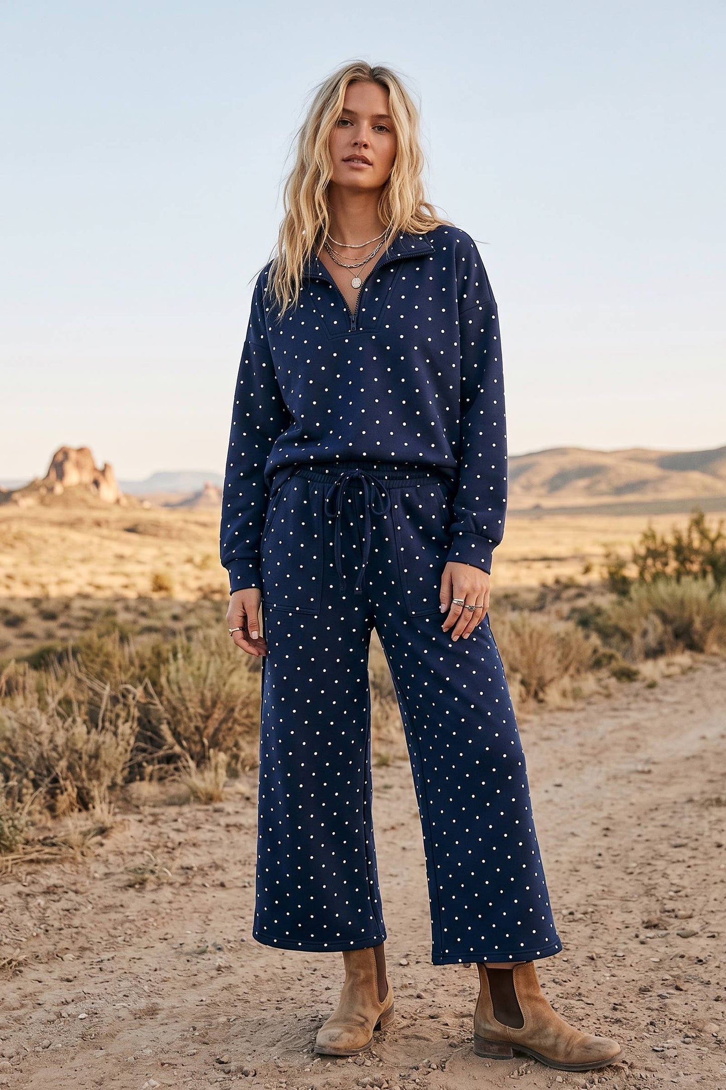 Scuba Polka Dot Half Zip Pullover & Wide Leg Pants Set