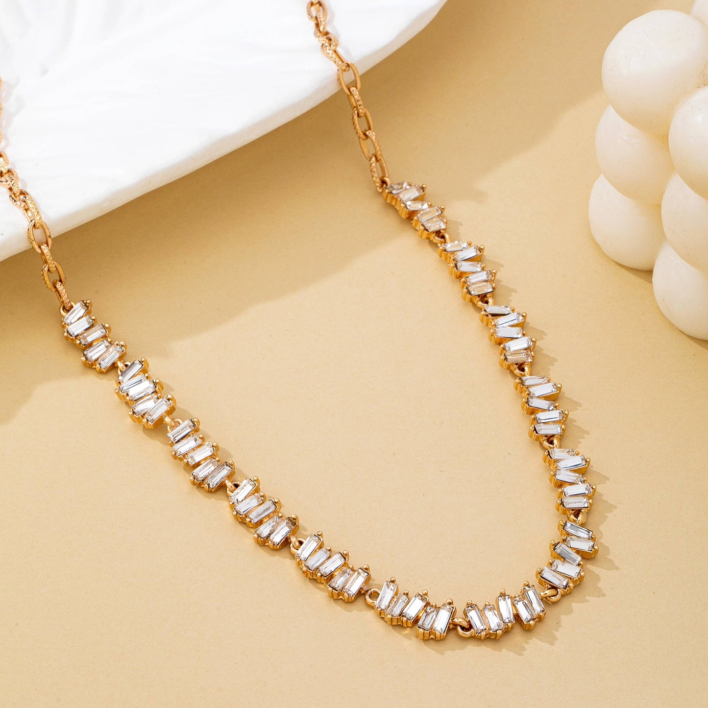 Jagged Pattern Baguette Crystal Necklace