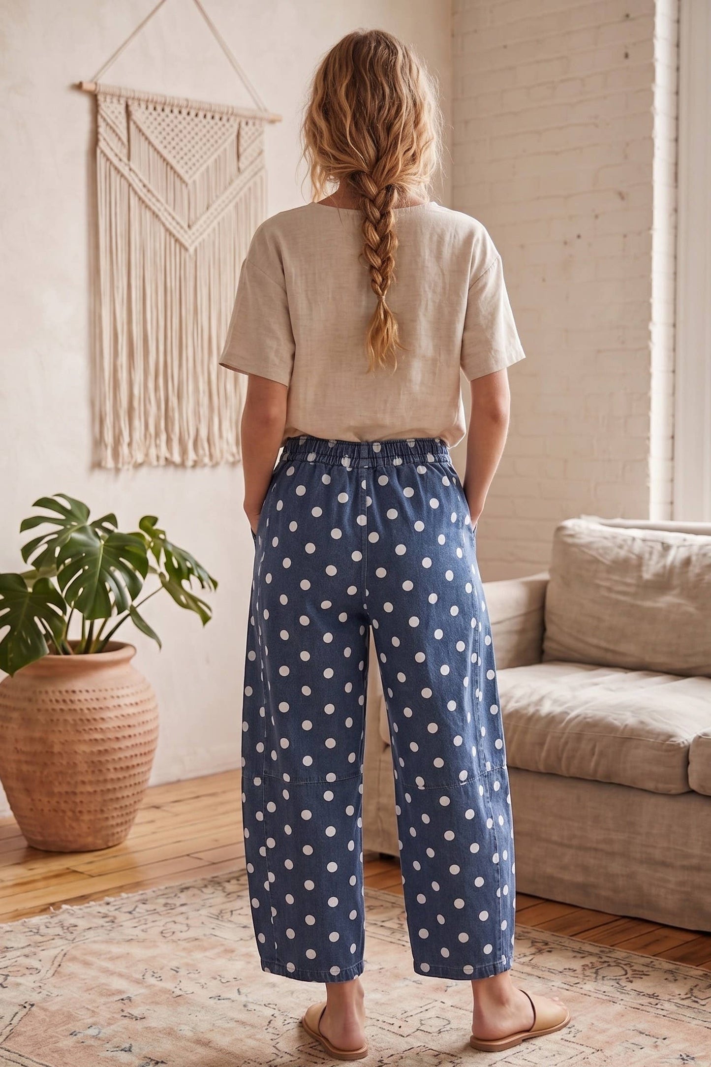 Dark Wash Polka Dot Denim Barrel Pants