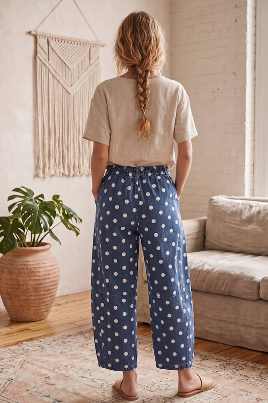 Dark Wash Polka Dot Denim Barrel Pants