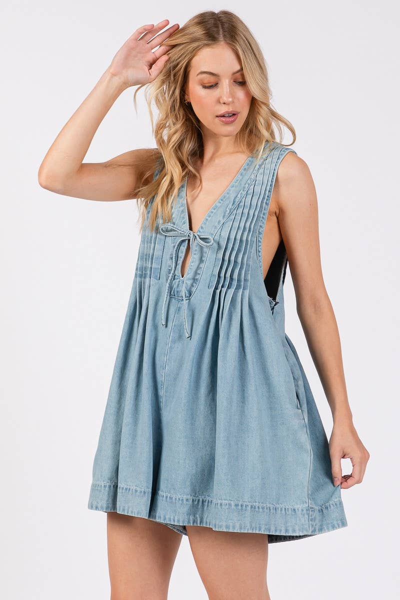 Pleated Tie Front Denim Washed Romper