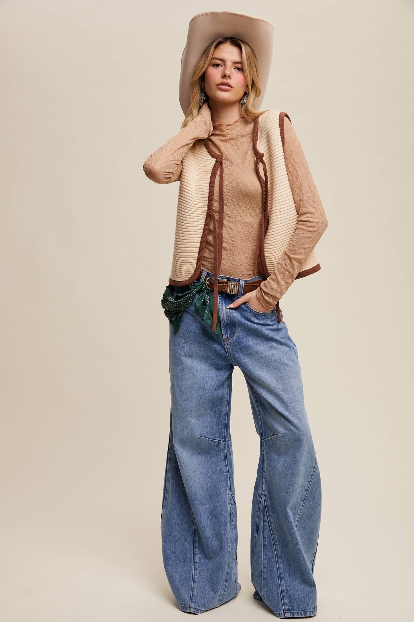 Two-Tone Tie Front Knit Vest