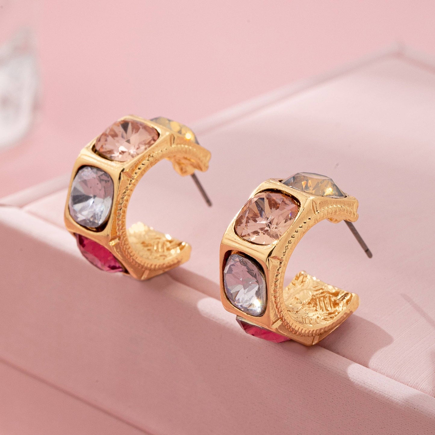 Gold-Tone Multi Color Gem Crystal Hoop Earrings