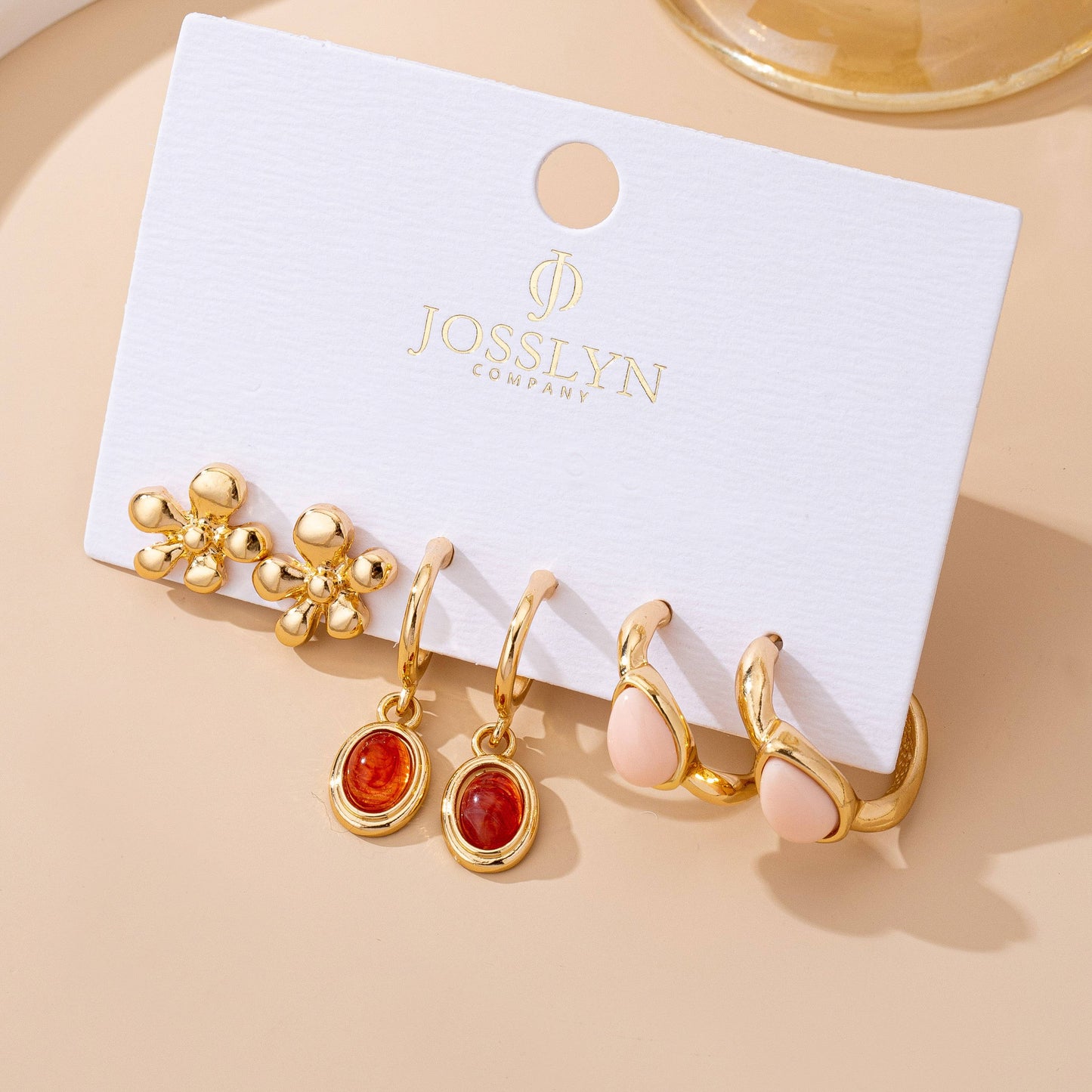 Gold Floral & Gem Drop Hoop Trio Earring Set