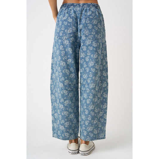 Floral Print Elastic Waist Barrel Jeans