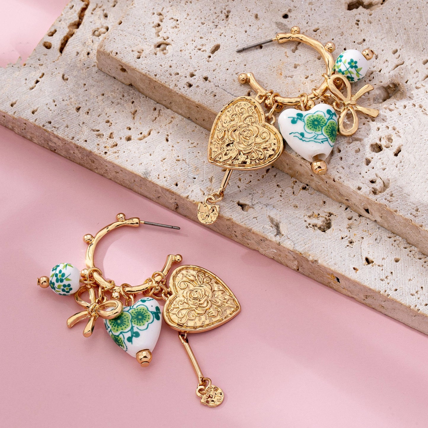 Chinoiserie Heart Charm Hoop Earrings