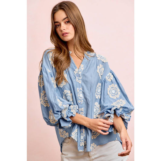 Flower Patch Woven Bubble Sleeve Blouse