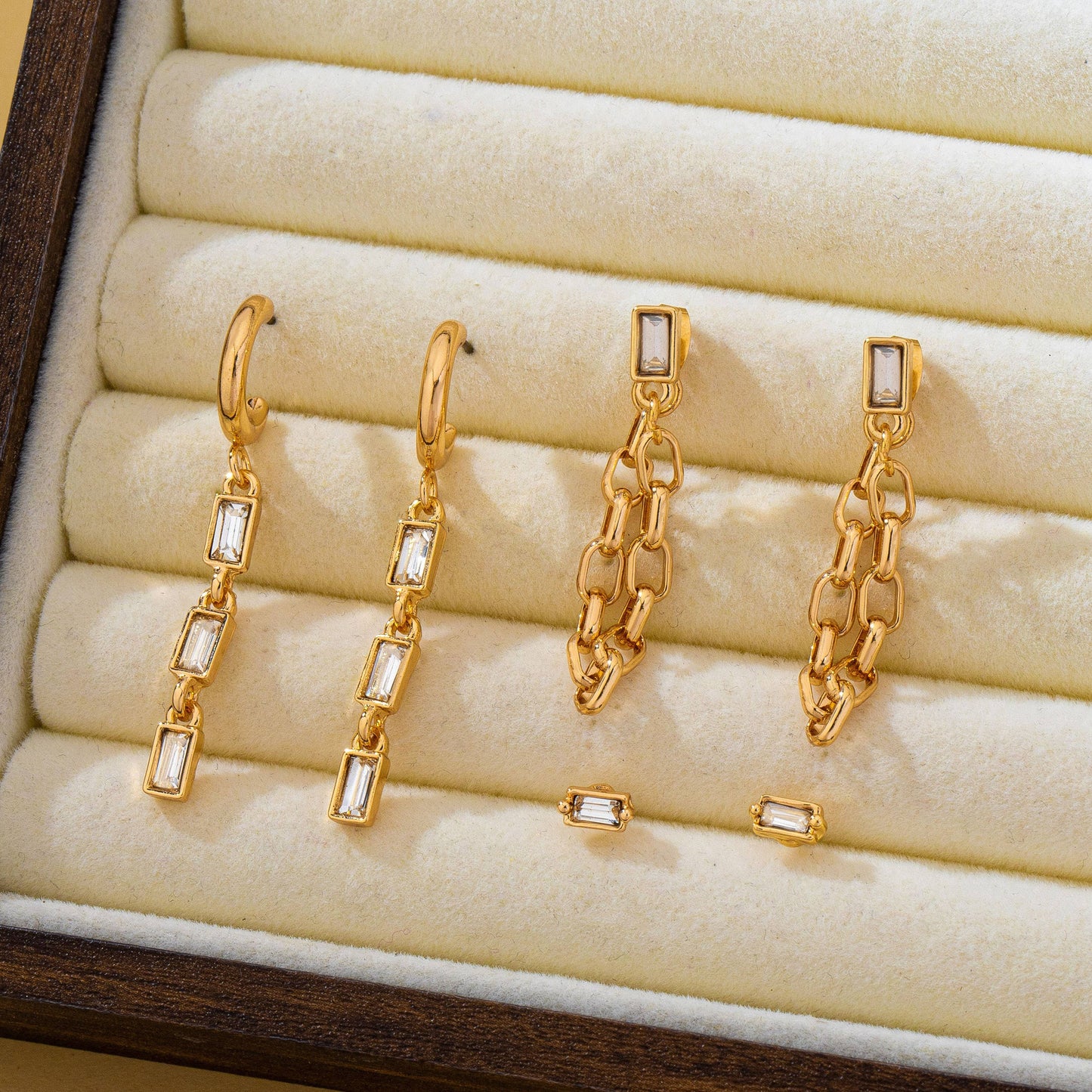 Geometric Baguette Stud & Chain Trio Earring Set