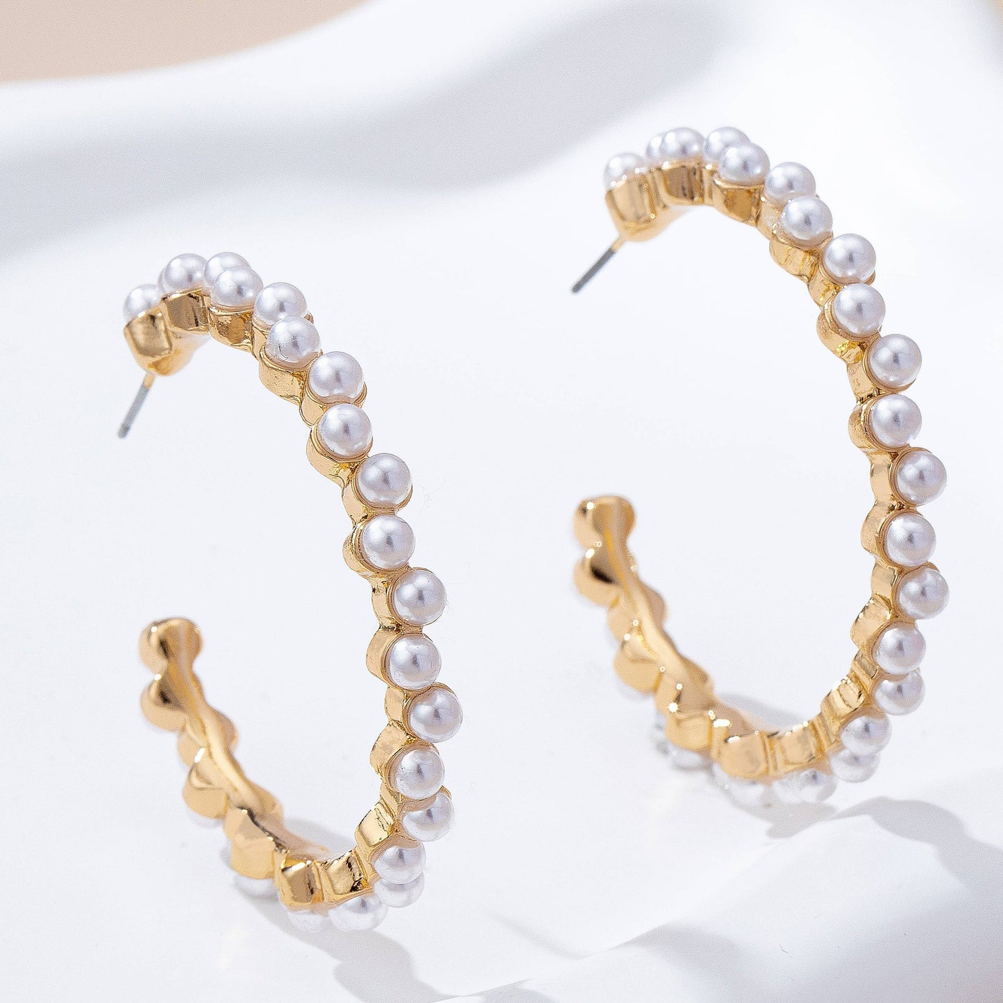 Pearl Embellished Gold Hoop Earrings