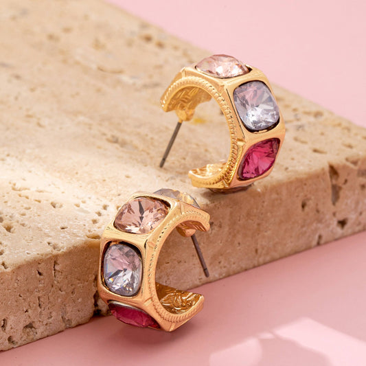 Gold-Tone Multi Color Gem Crystal Hoop Earrings