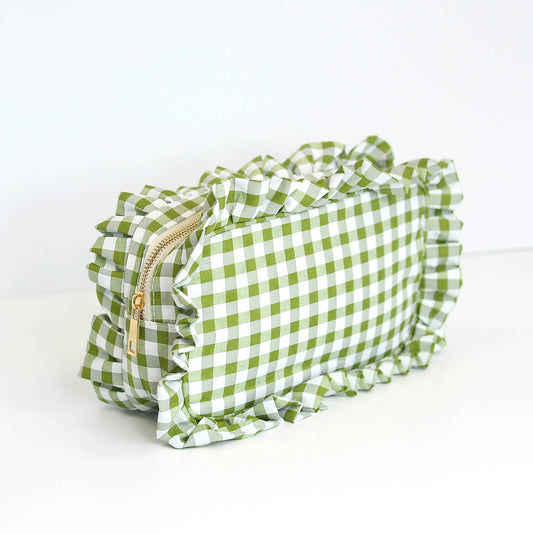 Gingham Ruffle Zipper Pouch Cosmetic Bag