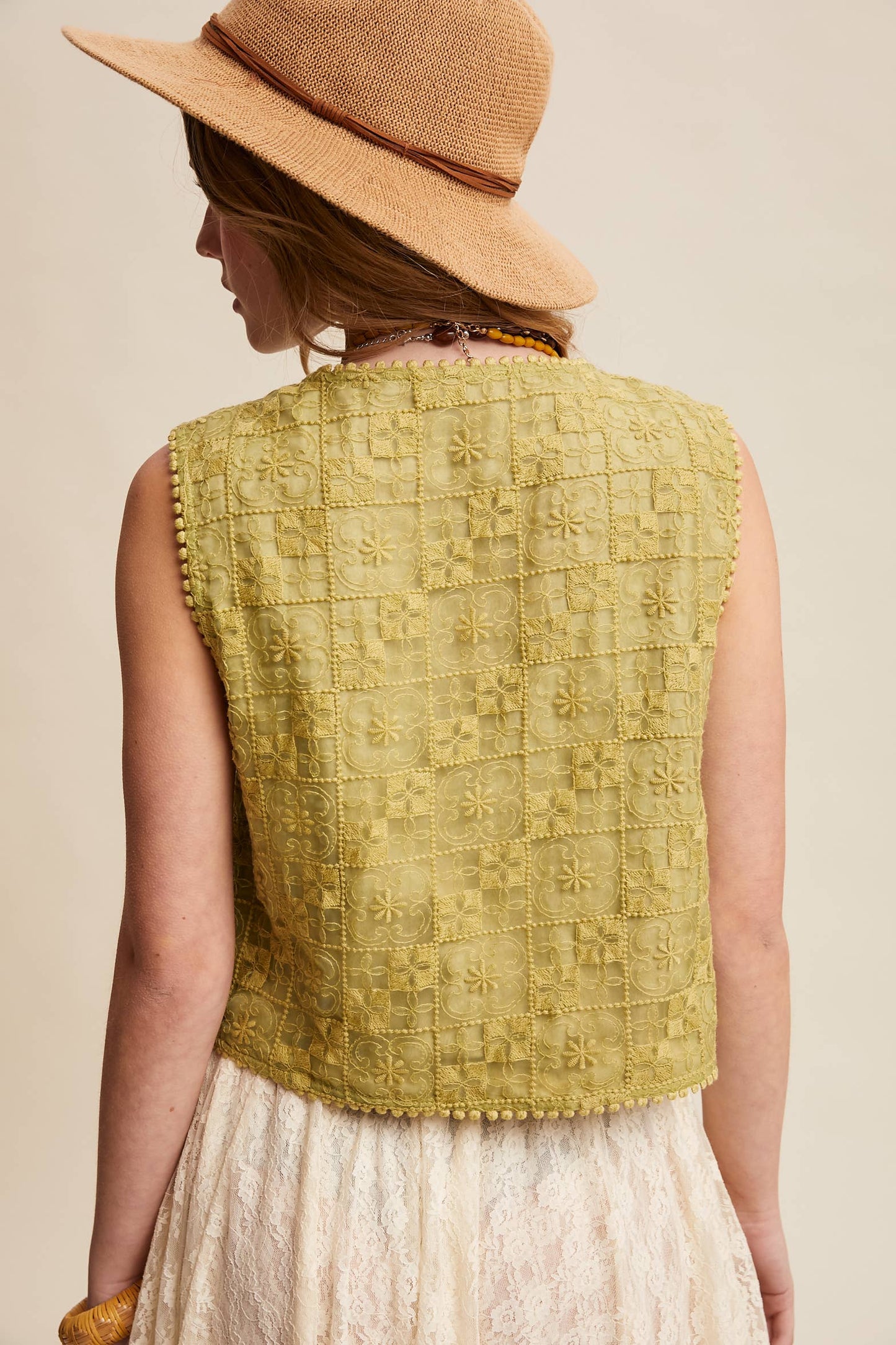Embroidered Lace Tie-Front Vest