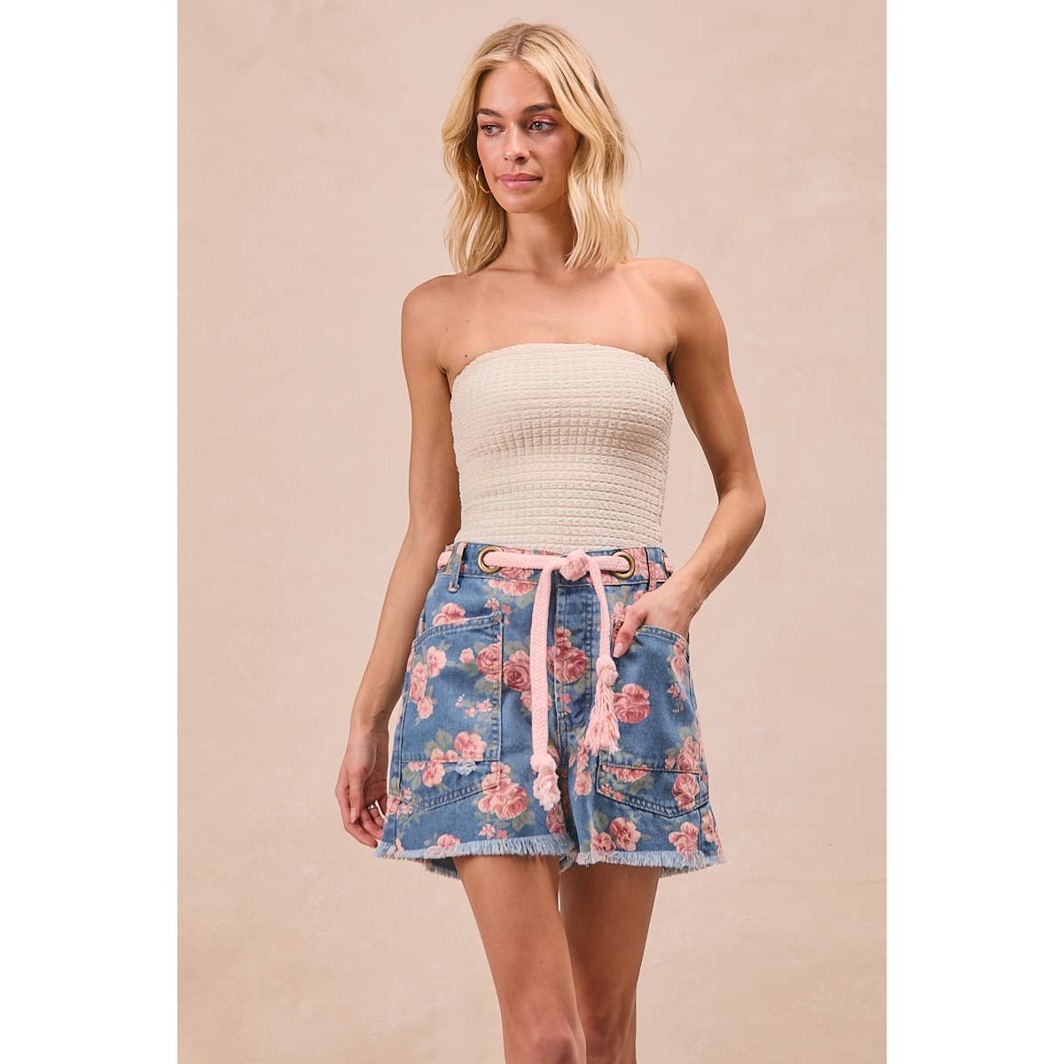 Braided Waist Belt Floral Denim Shorts