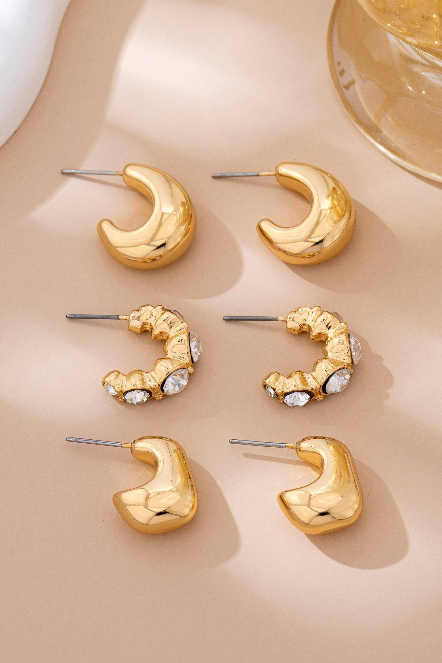Rhinestone Geo Puffy Hoop Trio