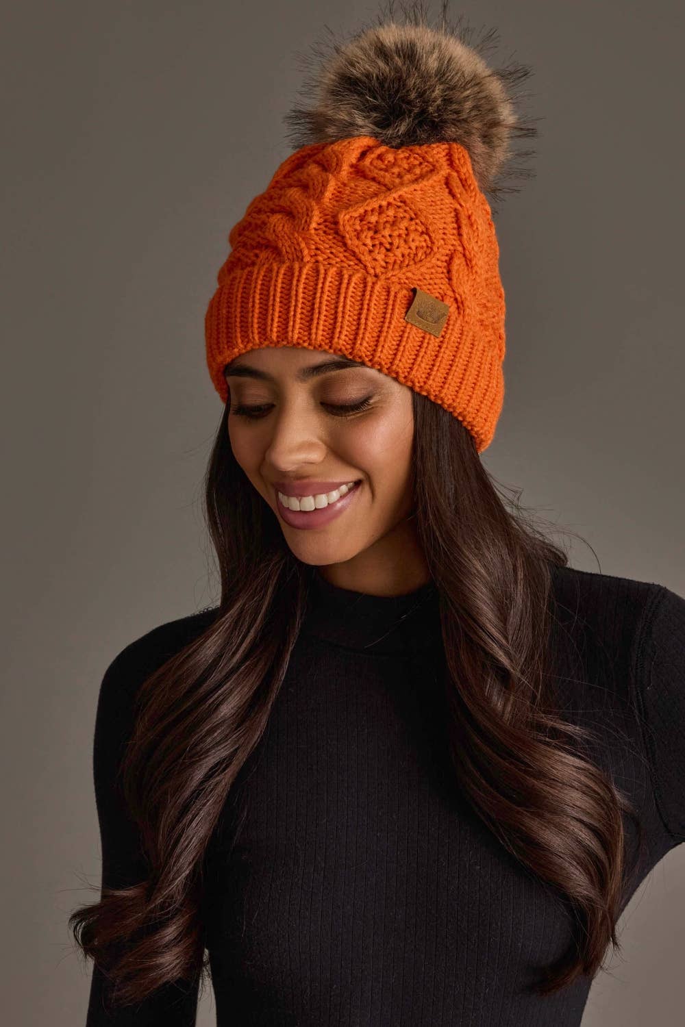 Orange Cable Knit Pom Hat