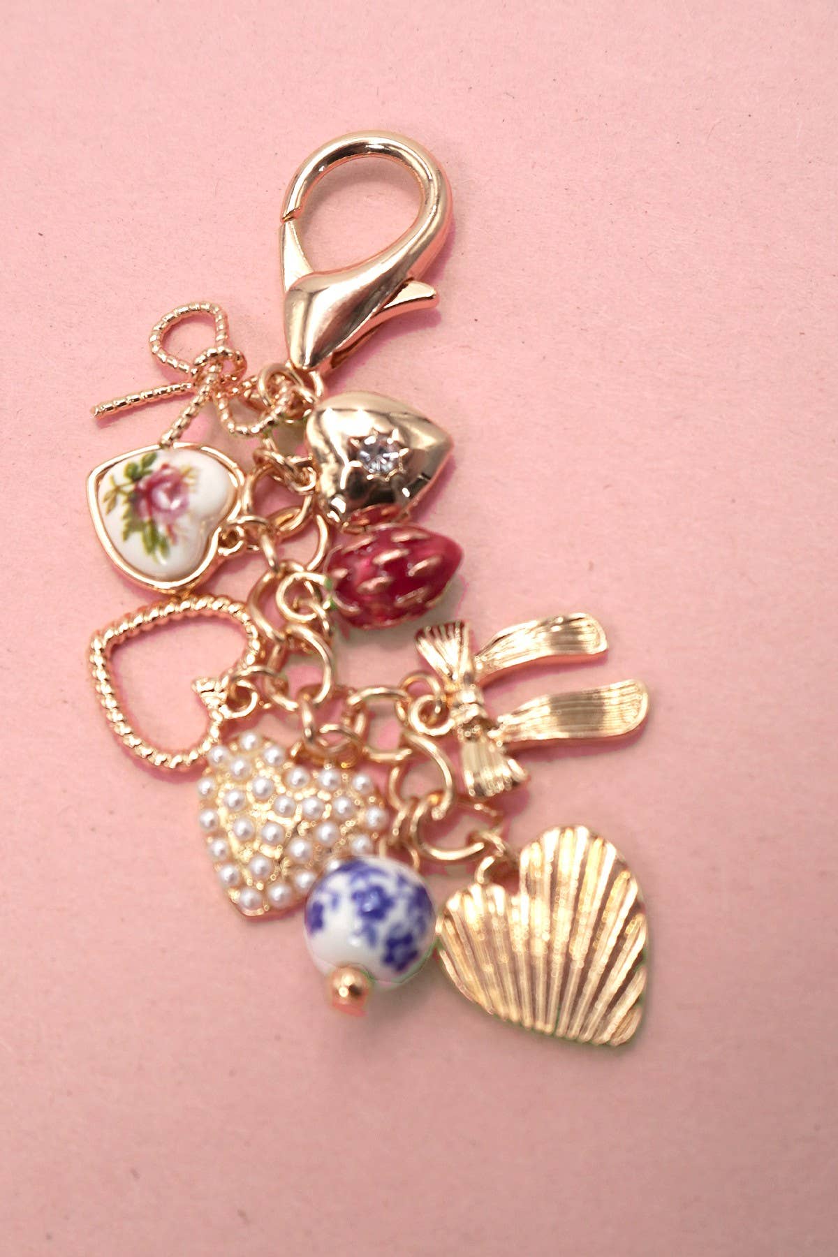 PORCELAIN BOWS HEARTS PEARL STRAWBERRY BAG CHARM