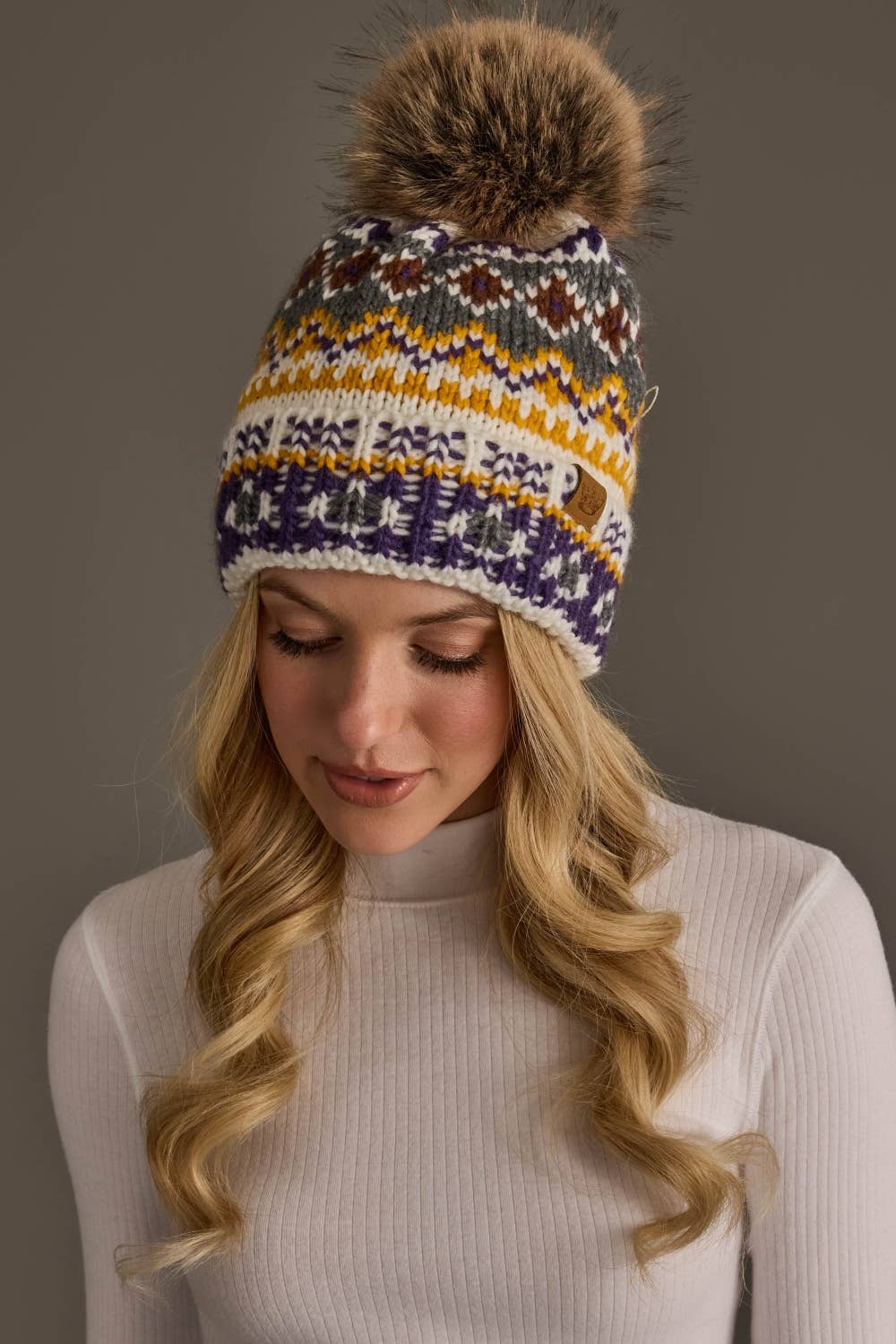 Ivory, Purple & Gold Patterned Pom Hat