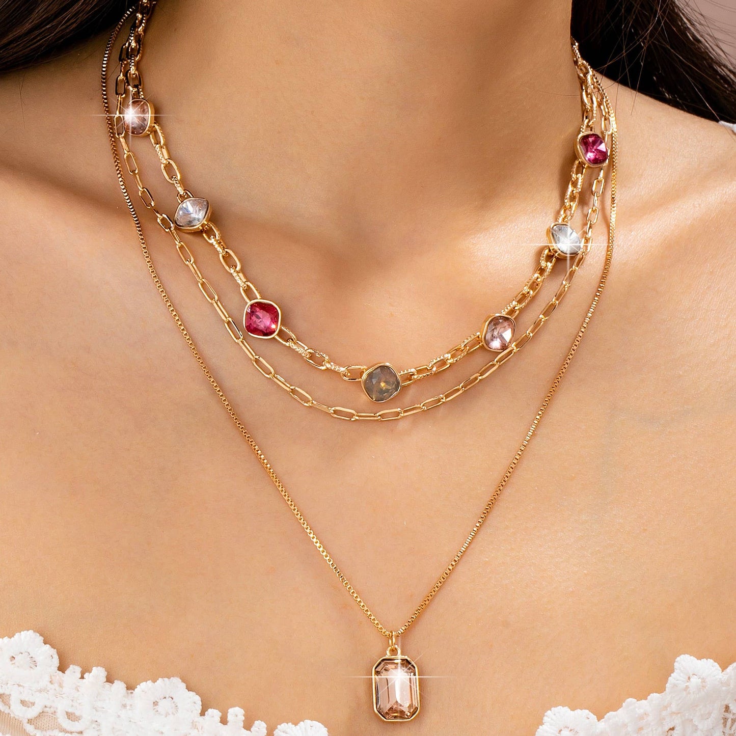 Oval Stone Beaded Ball Multi Layer Chain Necklace
