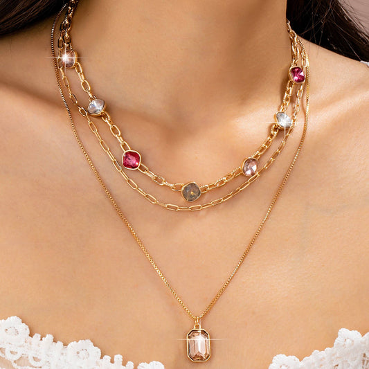 Oval Stone Beaded Ball Multi Layer Chain Necklace
