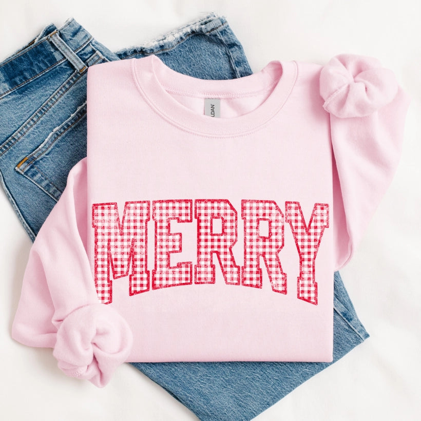 Pink Gingham Merry Crewneck