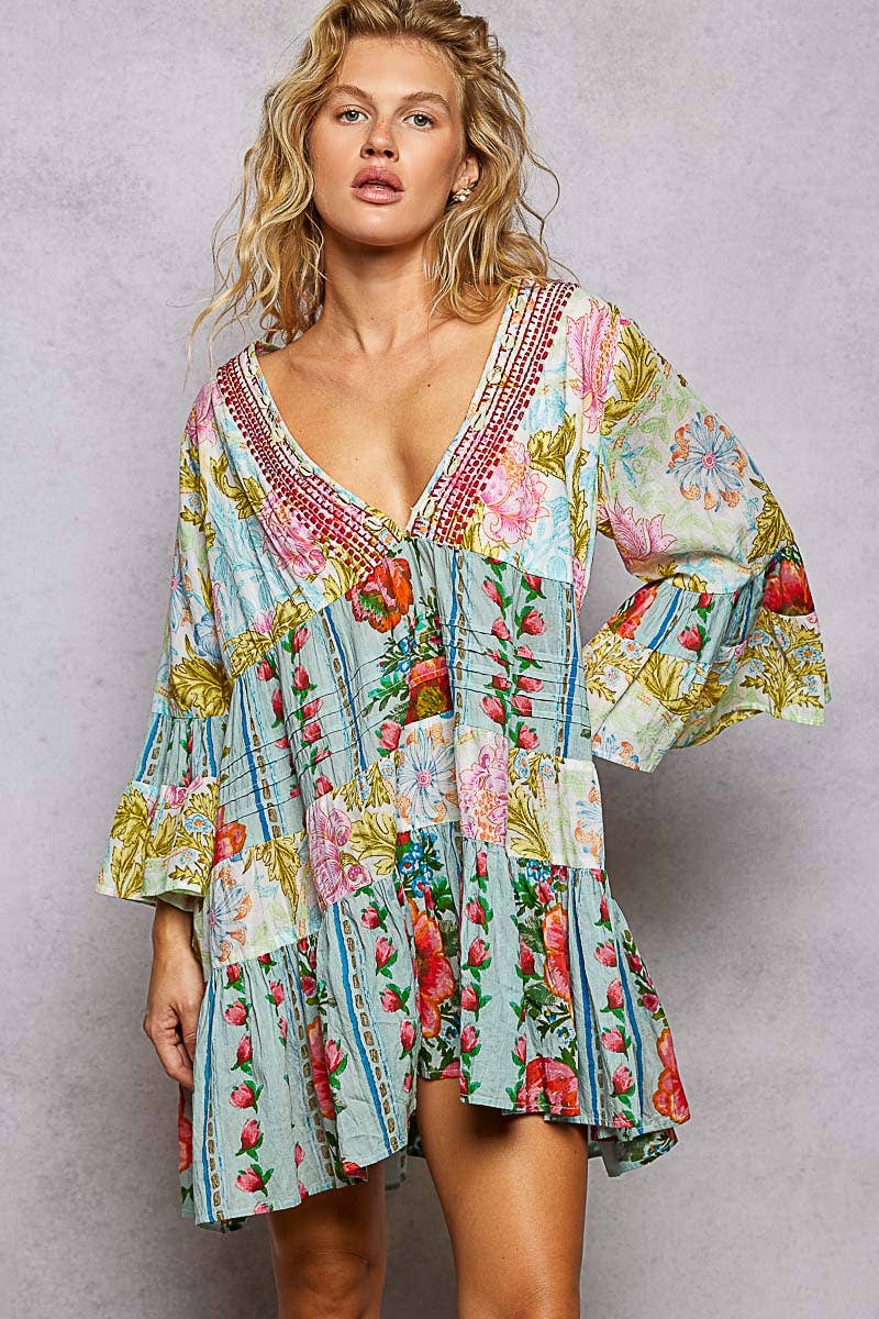 V-neck Seashell Shape Printed Woven Dress
