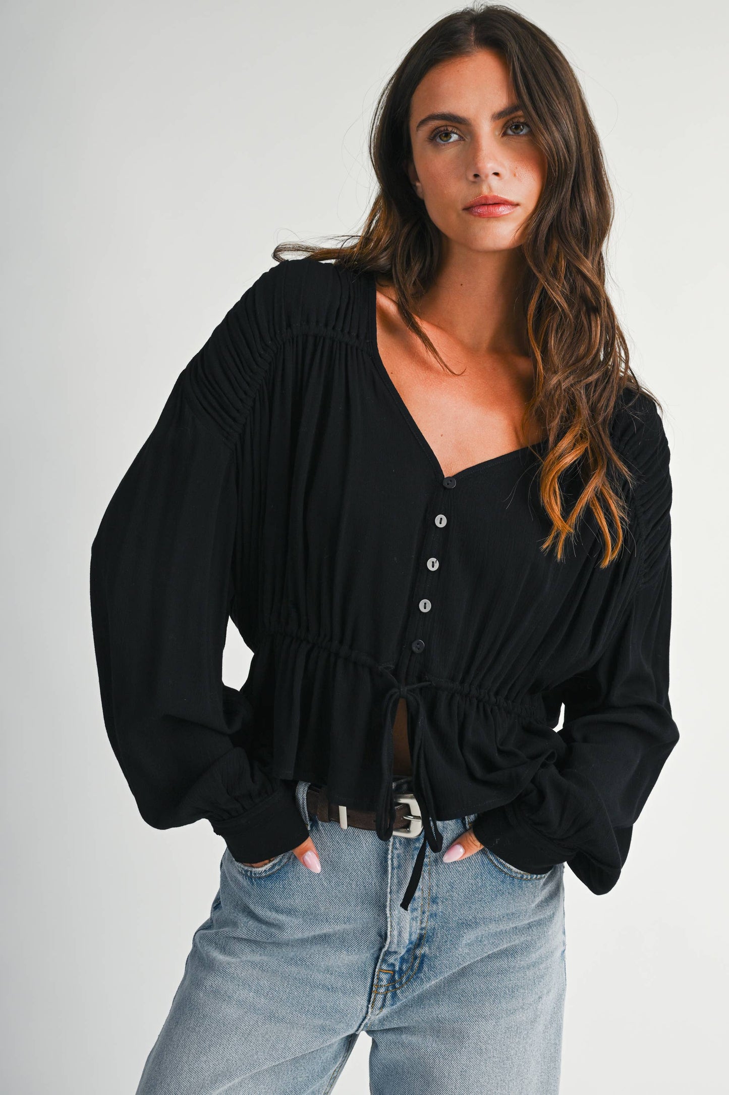 Textured Button Front Peplum Blouse