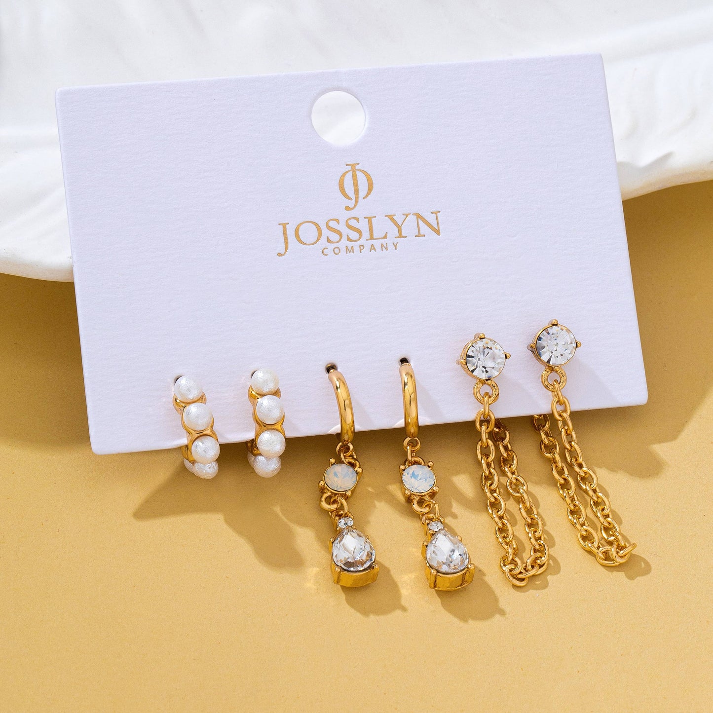 Pearl Hoop Crystal Drop Chain Trio Earring Set