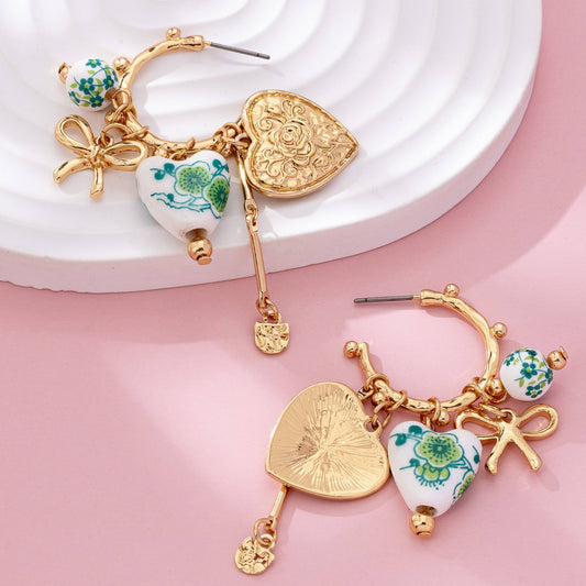 Chinoiserie Heart Charm Hoop Earrings