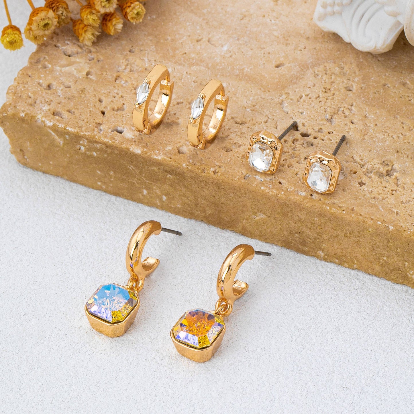 Whimsical Crystal Glass Huggie & Stud Earring Set