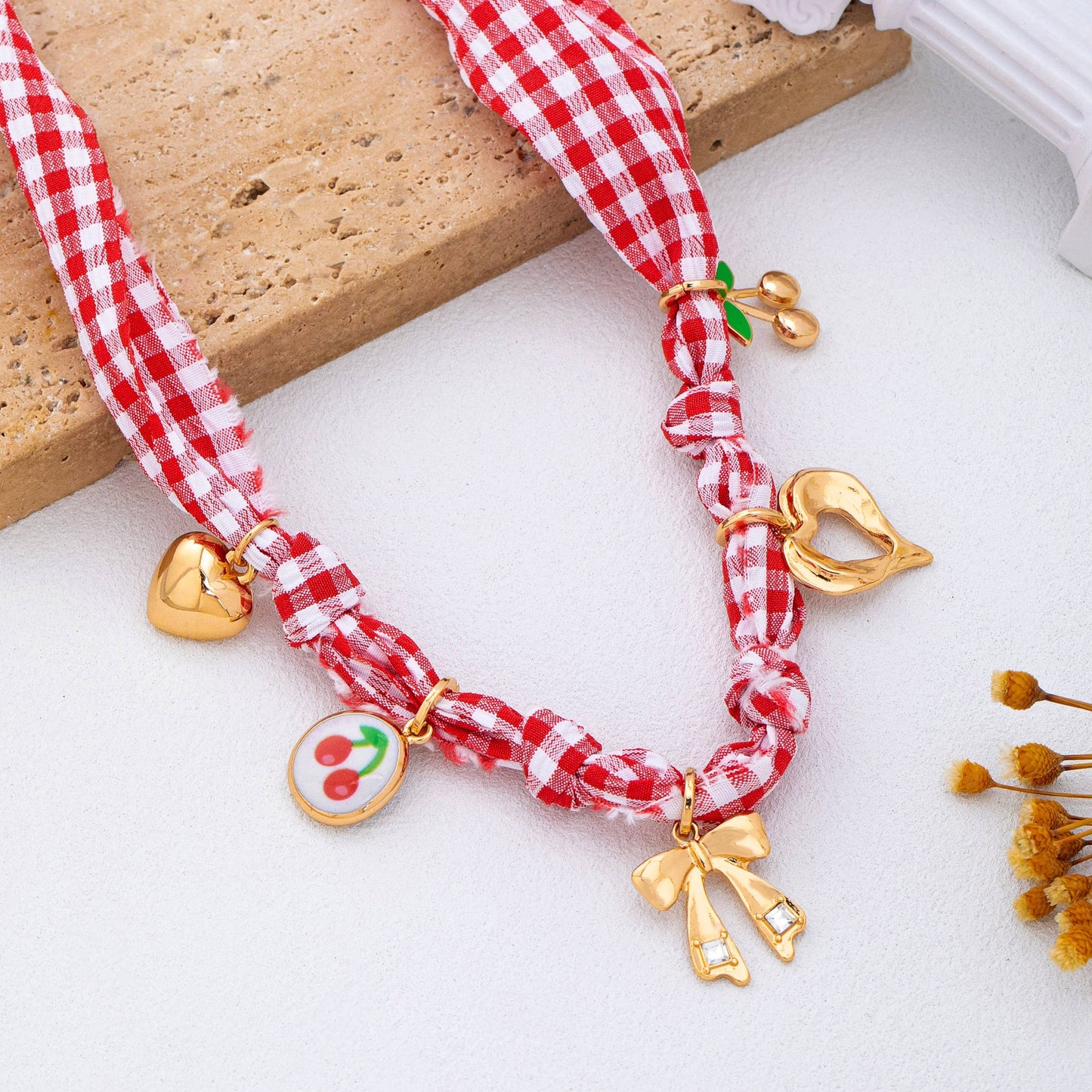 Red Gingham Scarf Charm Necklace