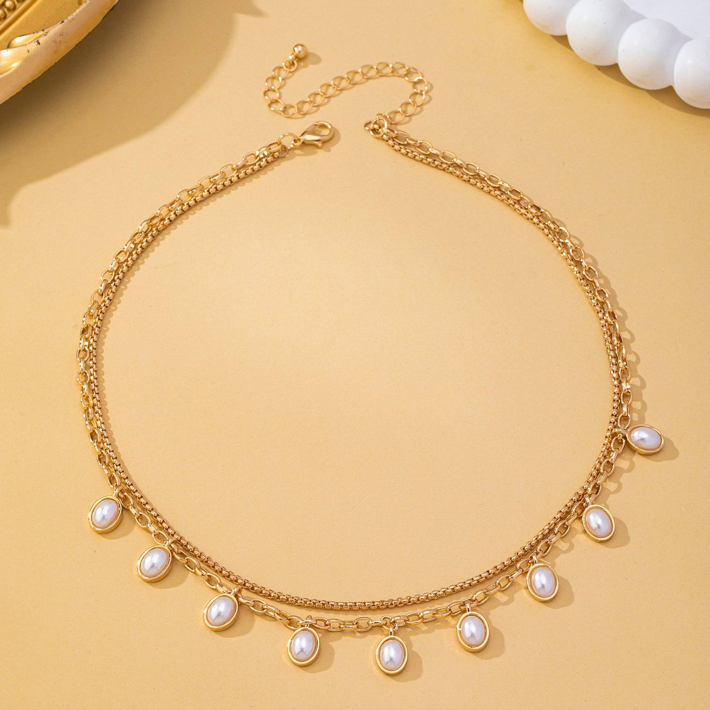 Layered Gold Chain Pearl Charm Necklace