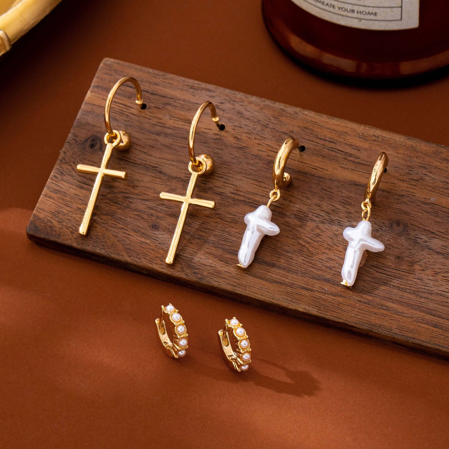 Cross Charm Huggie Hoop Trio Earrings Set