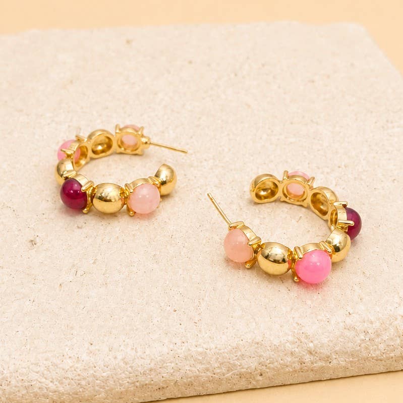 Multi-Color Cabochon Gold Hoop Earrings