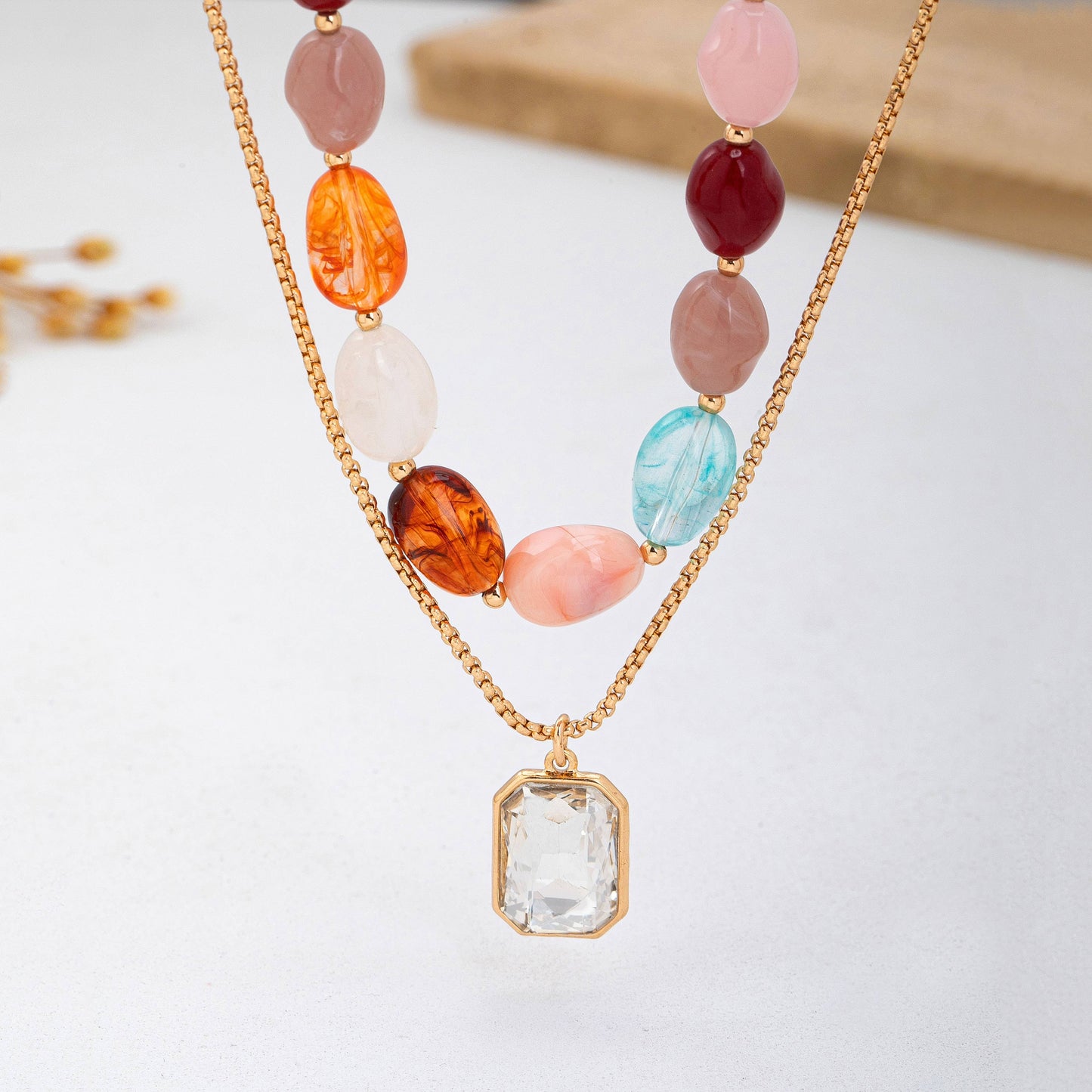 Multi-Color Stone & Crystal Pendant Necklace
