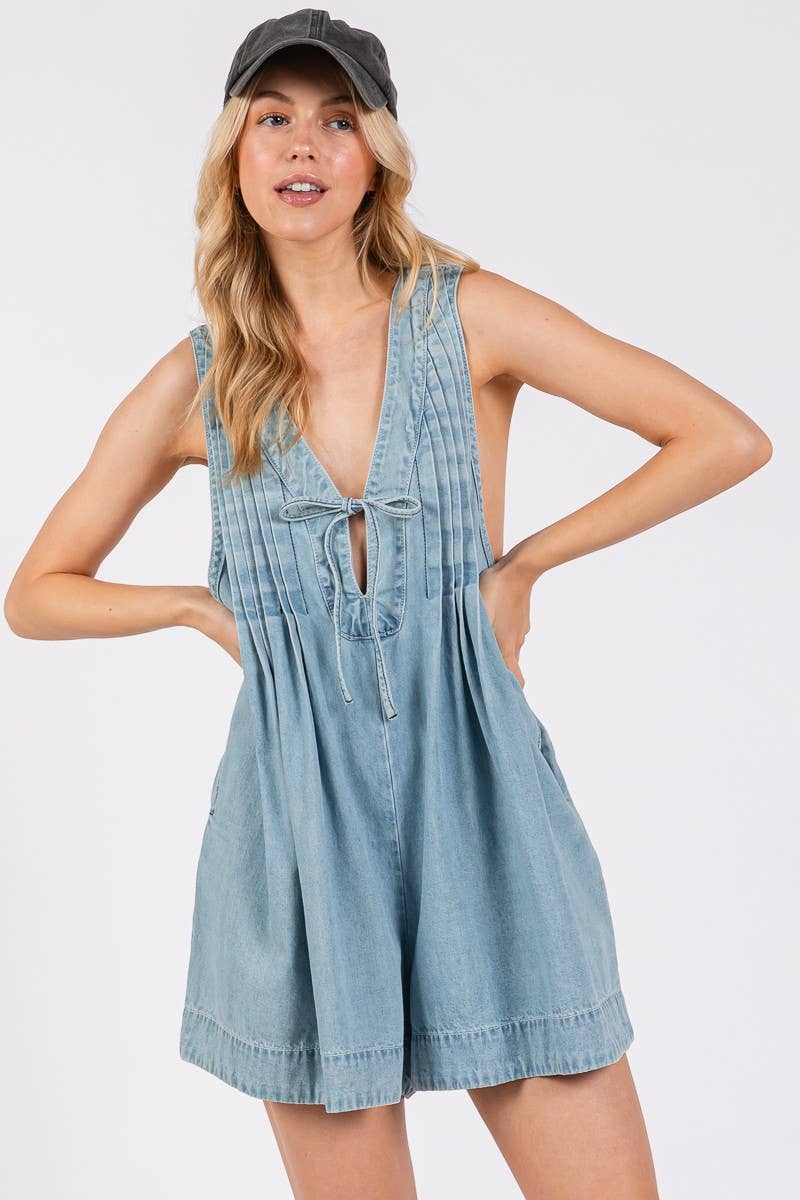 Pleated Tie Front Denim Washed Romper