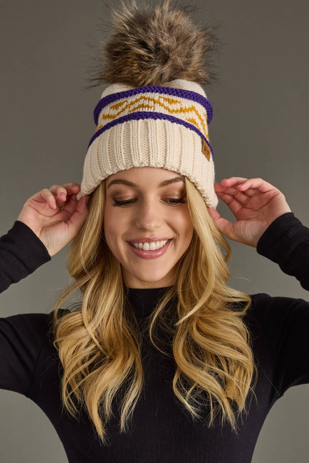 Cream, Purple & Gold Patterned Pom Hat