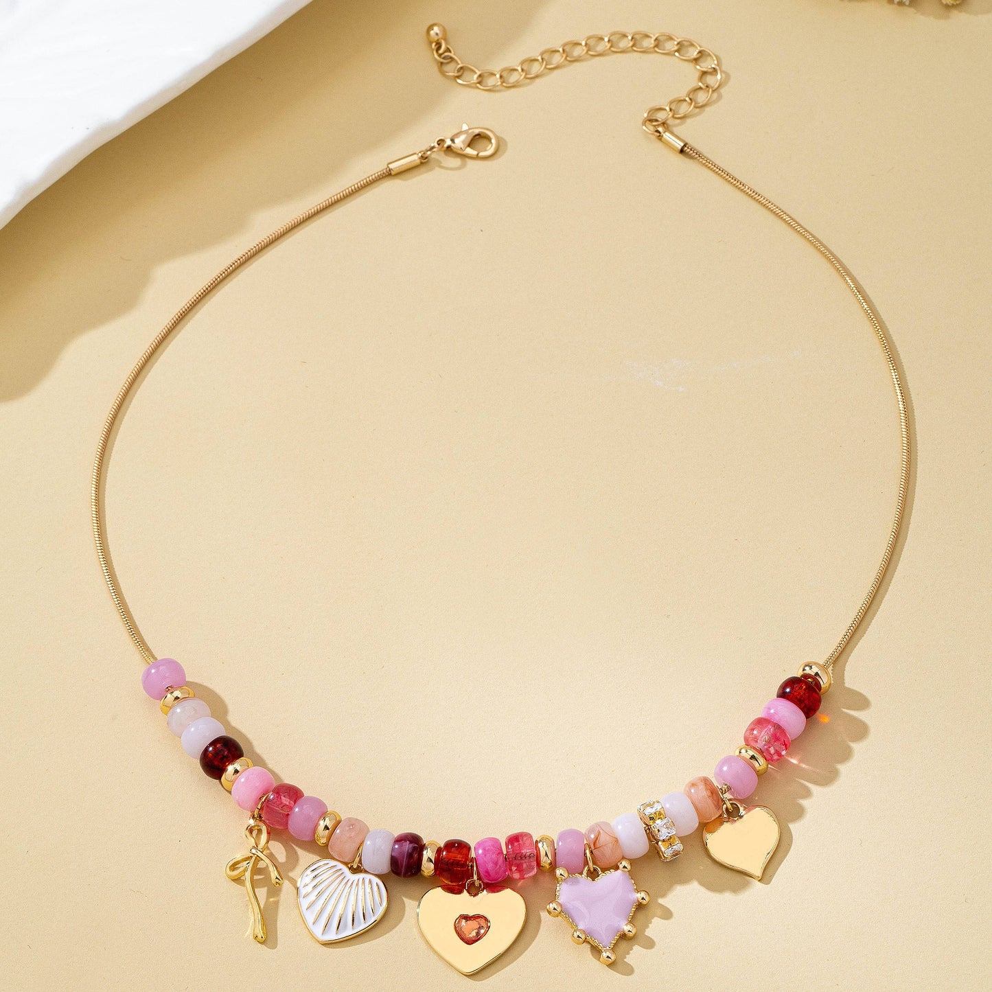 Pink Beaded Heart and Shell Charm Necklace