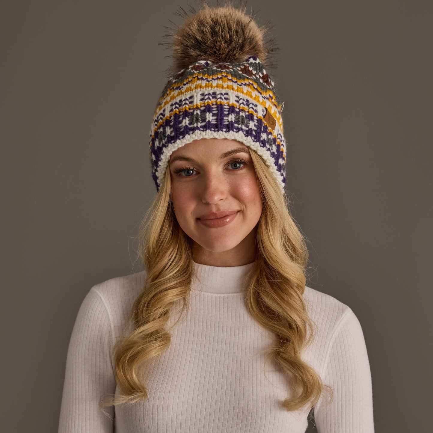 Ivory, Purple & Gold Patterned Pom Hat